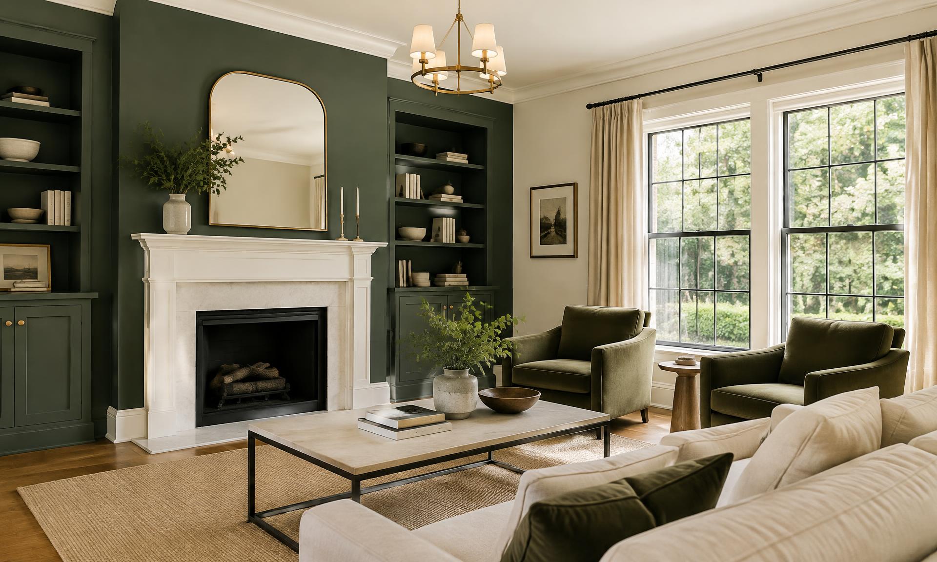 Finished living room with deep green walls, white mantel and trim
